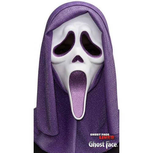 Fun World Ghost Face® Purple Glitter Full Face Mask with Hood, featuring a white ghostface mask with purple glitter accents and a matching purple hood.