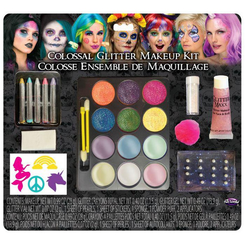 Fun World Glitter Colossal Makeup Kit, vibrant face paint, glitter containers, brushes, and accessories for creative makeup looks.