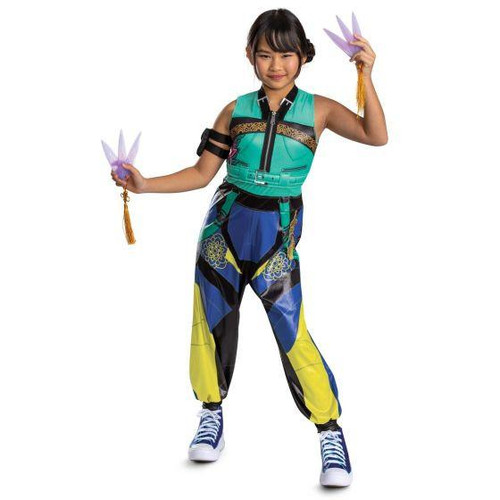 Disguise KPop Demon Hunters™ Zoey Costume - Child, young girl wearing a colorful demon hunter costume with purple hand weapons, sneakers, and a confident pose.