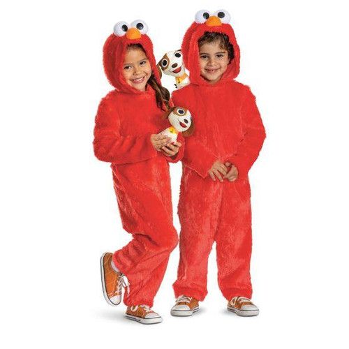 Disguise Sesame Street® Elmo with Tango Jumpsuit Costume - Toddler, two children dressed in red Elmo plush costumes with hooded heads featuring Elmo's face, holding plush toys, cheerful expressions, and casual shoes.