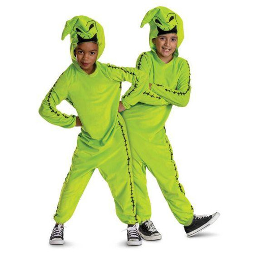 Disguise The Nightmare Before Christmas™ Oogie Boogie Jumpsuit Costume-Child, two children wearing bright green jumpsuits with black stitch details and Oogie Boogie hat costume from the Movie Night Before Christmas.