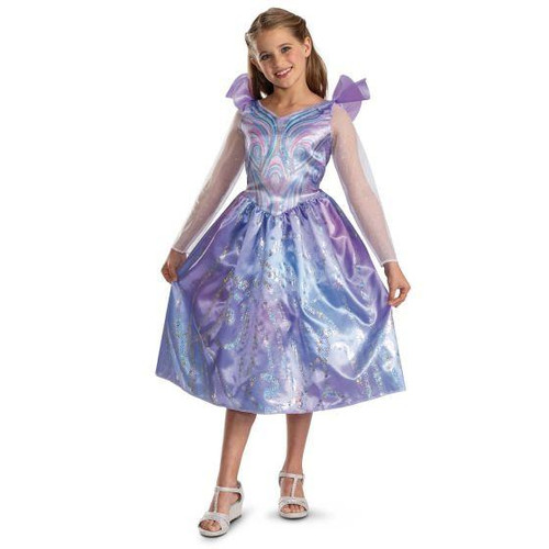 Disguise Wicked: For Good™ Glinda Dress Costume - Child, young girl wearing a sparkling purple and blue fairy tale dress with puffed sleeves and sheer long sleeves, smiling and standing confidently.