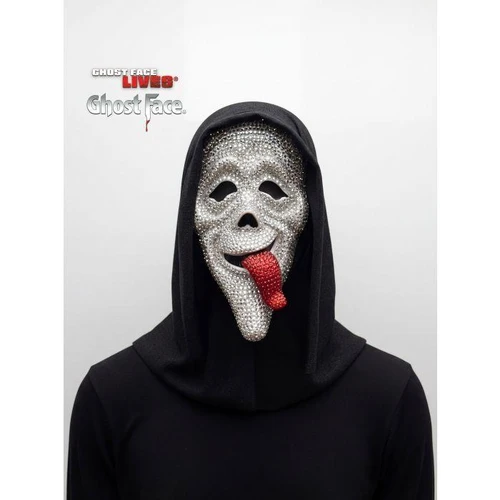 Fun World Scary Movie™ Wassup! Bling Full Face Mask with Shroud, horror-themed mask with a skull design, embellished with rhinestones and a red tongue, worn over a black hooded garment.
