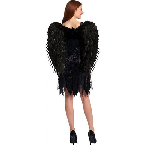 Fun World Feather Wings - Black, black feathered angel wings costume worn by a woman in a black dress and high heels.