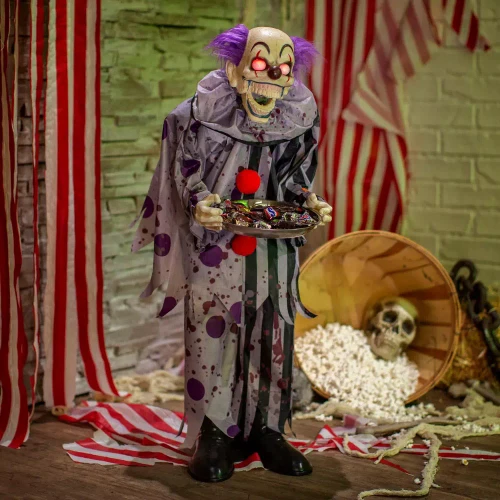 Animated Light-Up Standing 37" Talking Clown with Plate Halloween Decoration