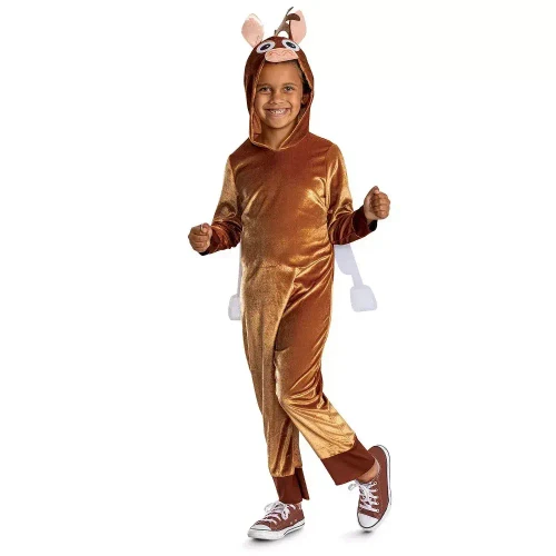 Disguise Toy Story™ Bullseye Jumpsuit Disney Pixar Costume for Child, child wearing a brown and tan soft plush jumpsuit with a Bullseye horse face hood, fun and comfortable costume for kids.
