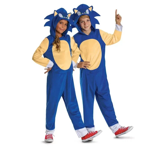 Disguise Sonic the Hedgehog Hooded Jumpsuit Costume - Child, children in blue and yellow Sonic the Hedgehog themed hooded jumpsuits with plush Sonic headgear, posing and smiling.