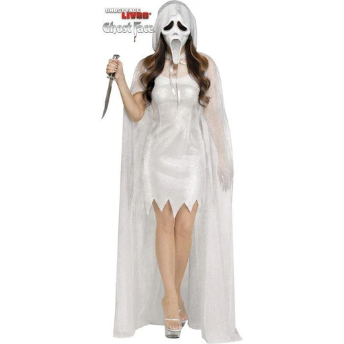 Fun World Ghost Face® 30th Anniversary Silver Dress Costume - Adult, women wearing a silver ghost face dress with a cape and holding a knife, perfect for Halloween cosplay.
