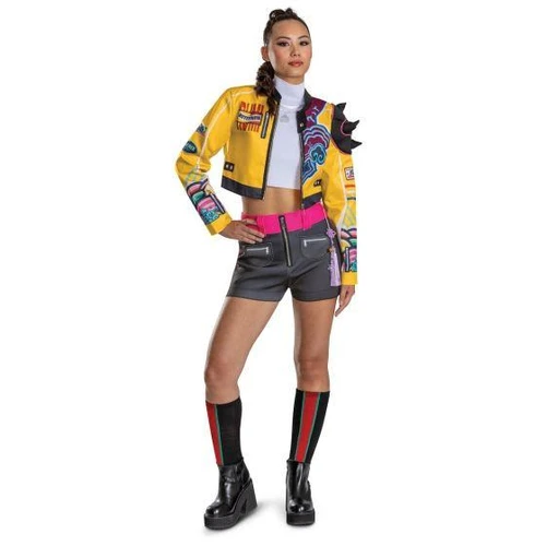 Dracula House KPop Demon Hunters™ Rumi Hero Look Deluxe Costume-Adult, a woman wearing a vibrant yellow and multicolored jacket, dark shorts, and knee-high socks with platform boots for a bold, stylish character costume.