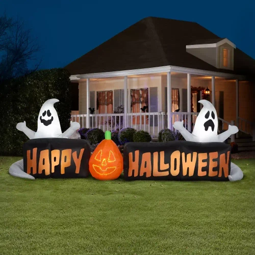 Gemmy Airblown® Inflatable Lightshow Happy Halloween with Ghosts & Jack-O'-Lantern Decoration, outdoor Halloween yard display with illuminated ghosts, pumpkin, and 'Happy Halloween' sign.