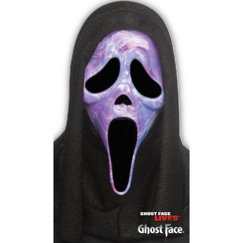 Fun World Ghost Face® Purple Marble Pattern Full Face Mask with Hood, featuring a scream mask design with purple marbled details and a black hood for Halloween or costume parties.