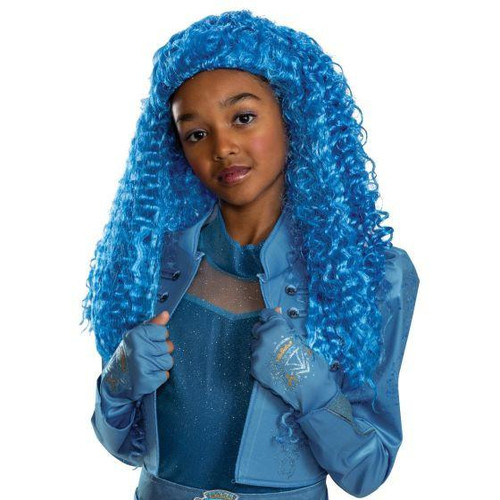 Disguise Descendants 5: Wicked Wonderland™ Chloe Wig -Child, young girl in a blue wig with curly hair, wearing a matching blue costume with gloves, posing for a costume photoshoot.