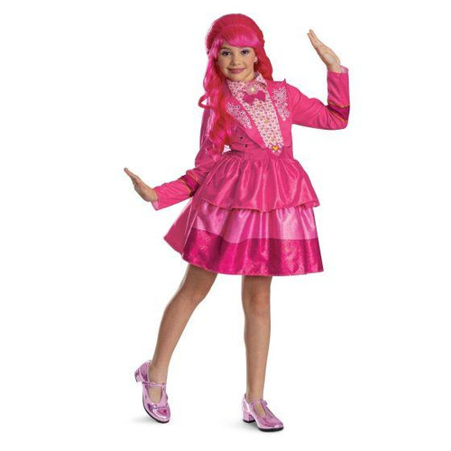 Disguise Descendants 5: Wicked Wonderland™ Pink Dress Classic Costume-Child, a young girl in a vibrant pink dress with lace details and a layered skirt, wearing matching pink shoes and a pink wig with long hair.