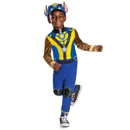 Disguise PAW Patrol: The Dino Movie™ Chase Jumpsuit Costume - Child, a boy dressed as Chase from PAW Patrol with a dino theme, featuring a colorful jumpsuit, helmet, and costume accessories for kids' dress-up and Halloween cosplay.