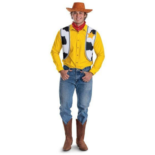 Disguise Woody Disney Pixar Toy Story™ Costume Kit - Adult, man dressed as Woody from Toy Story with cowboy hat, yellow shirt, vest, jeans, and cowboy boots.