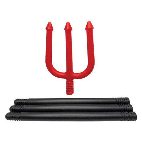 Fun World Devil Pitchfork Weapon Accessory, red plastic pitchfork with three prongs and black plastic handle extensions.