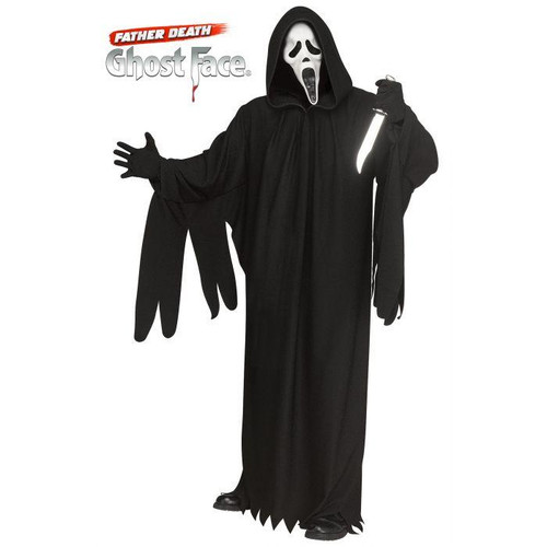 Fun World Ghost Face® 30TH Anniversary Costume- Adult, spooky horror costume featuring a ghost face mask, long black cloak, and gloves, perfect for Halloween and themed parties.