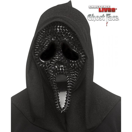 Fun World Ghost Face® Spiked Full Face Mask, black horror mask with spikes and Ghost Face logo, perfect for Halloween costumes and scary events.