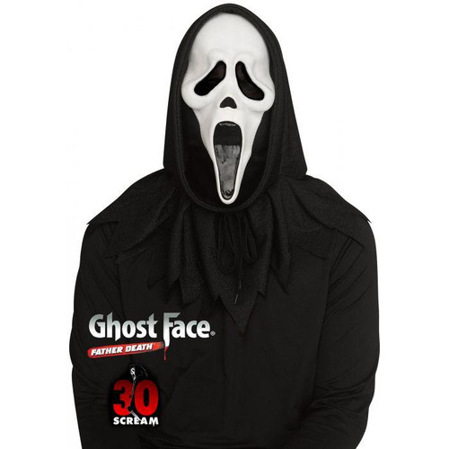 Fun World Ghost Face® 30th Anniversary Collectible Full Face Mask with Hood, horror-themed mask resembling a ghost face with an elongated mouth and hollow eyes, worn with a black hood and costume for Halloween or cosplay.