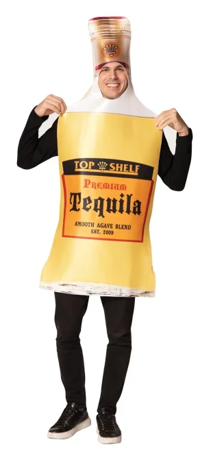 Rasta Imposta Tequila Bottle Costume - Adult, person wearing a large, realistic-looking tequila bottle costume with label and cap, standing and smiling.