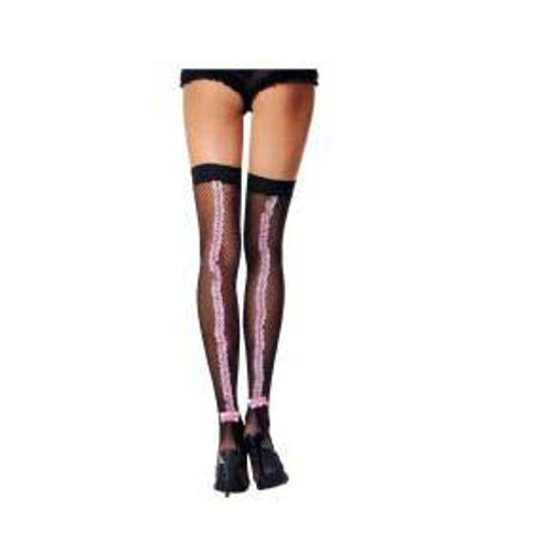 Thigh High Fishnet Stocking Black/Pink Ruffled