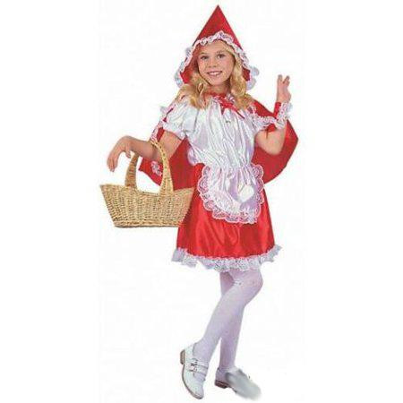 RG Costumes Red Riding Hood Deluxe Child Costume, a young girl dressed as Little Red Riding Hood with a red cape, a matching dress with white lace accents, a red hood, white tights, and ice skates, holding a wicker basket.