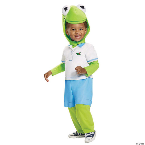 Disguise Kermit The Frog Toddler Costume 12-18 months, green frog hood with large eyes, child wearing white shirt with a small green frog emblem, blue shorts, lime green and blue pants, and sneakers, perfect for kids costume party or Halloween.