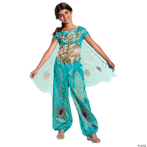 Disguise Jasmine Aladdin Classic Costume - Child, girl dressed as Princess Jasmine with turquoise blue outfit, peacock feather details, and matching cape.