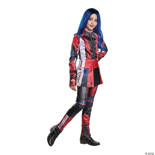 Disguise Evie Descendants Deluxe Costume - Child, a girl in a vibrant, colorful racing-themed costume with blue hair, black boots, and a confident pose.