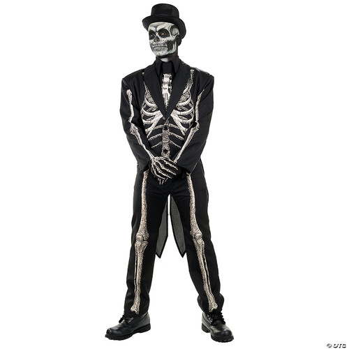 Underwraps Bone Chillin Costume - Adult, a person dressed in a skeleton costume with a skull face paint, black hat, and black shoes, suitable for Halloween or themed parties.