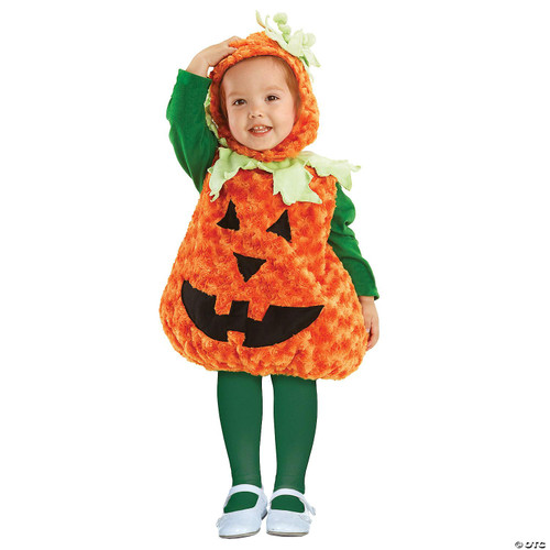 Underwraps Pumpkin Toddler Costume, a cozy orange pumpkin-shaped costume with a smiling face, worn by a young child with a pumpkin hat and green leafy accents, perfect for Halloween dress-up.