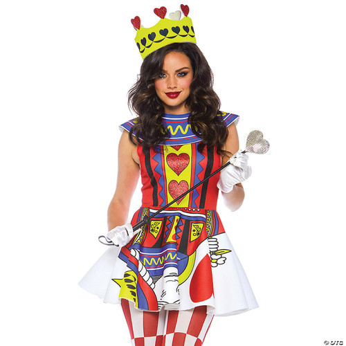 Leg Avenue Queen Card Costume -Adult, woman in colorful queen of hearts card-themed costume with crown and heart motifs.
