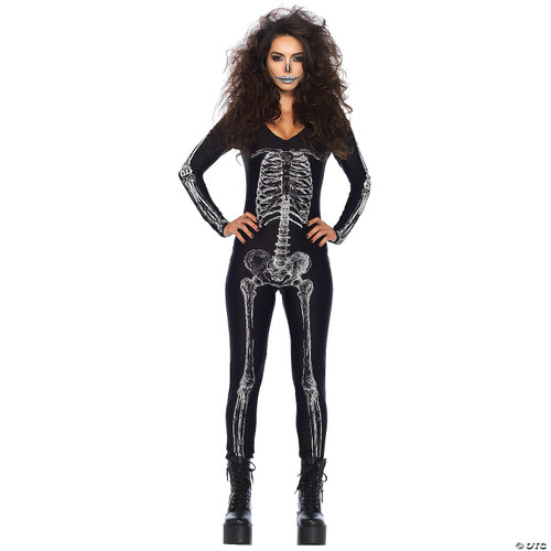 Leg Avenue X-Ray Skeleton Unitard Costume - Adult, black full-body skeleton print costume with detailed white bones design, worn by a woman with curly hair and Halloween makeup.