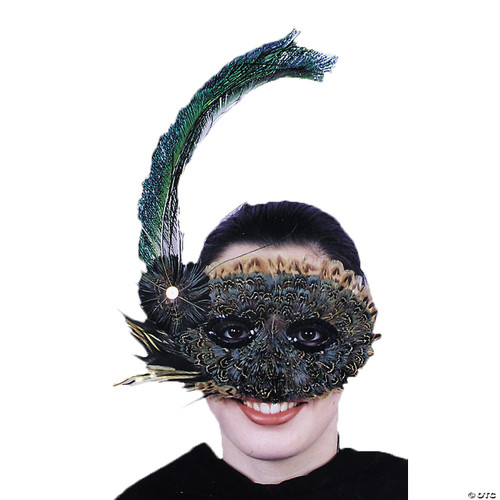 Morris Roaring 20's Style Feather Eyemask, a decorative feathered mask with peacock feathers covering the face of a smiling woman.