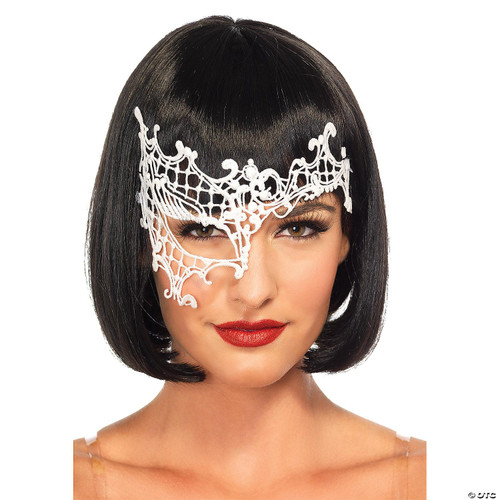Leg Avenue Daring Venetian Half Mask, white lace masquerade mask worn by a woman with short black hair and red lipstick.
