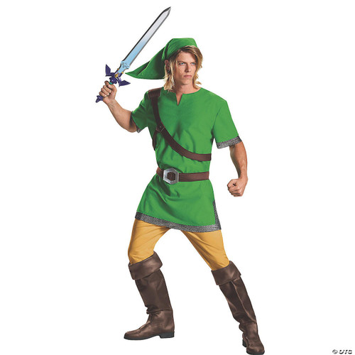 Disguise Legend of Zelda Link Costume - Adult, a male in a green tunic, yellow pants, brown boots, green hat, and holding a sword, dressed as the iconic video game character Link.