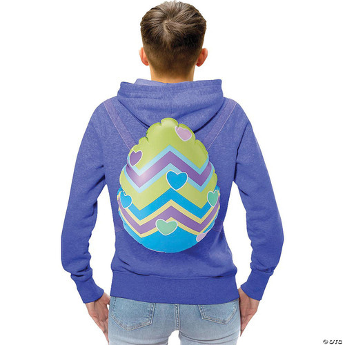 InSpirit Fortnite Eggshell Back Bling, colorful egg-shaped Fortnite back bling with chevron and heart patterns worn by a person in a blue hoodie.