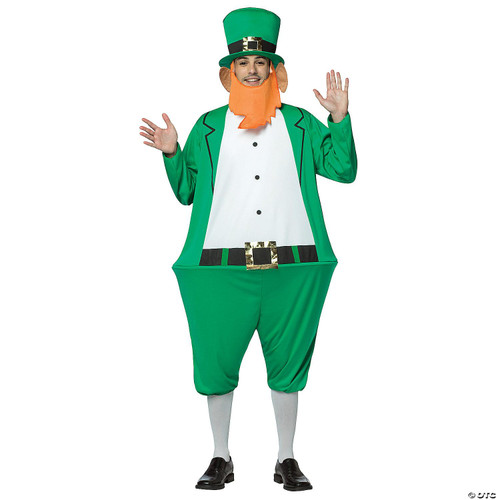 Rasta Imposta Leprechaun Hoopster Costume - Adult, a person dressed in a colorful leprechaun costume with a green hat, orange beard, green suit, and black shoes, celebrating St. Patrick's Day.