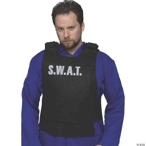 Fun World SWAT Vest Costume - Adult, black tactical vest with white SWAT lettering worn over a blue uniform with patches on the sleeves.