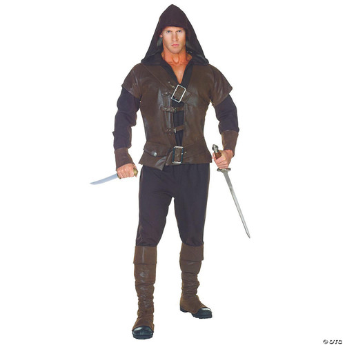 Underwraps Assassin's Costume Plus Size - 2XL- Adult, a man dressed as an assassin in a brown leather-like vest with buckle details, black pants, tall brown boots, and a hooded cloak, holding a sword and a dagger.