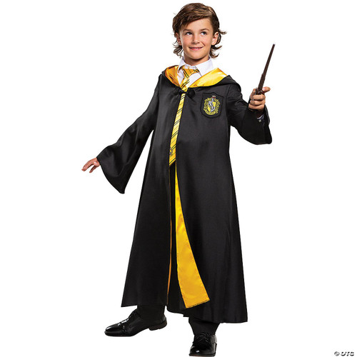 Disguise Harry Potter Hufflepuff Robe Deluxe - Child, a child wearing a black and yellow Hogwarts robes costume complete with a Harry Potter wand and tie, suitable for themed dress-up or Halloween.