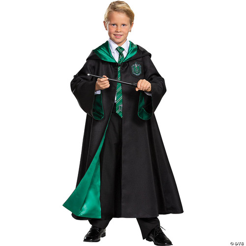 Disguise Harry Potter Slytherin Robe Prestige - Child, a young boy dressed in a Harry Potter Slytherin costume including a black robe with green lining, a Slytherin crest, a white shirt, green striped tie, and holding a wand.