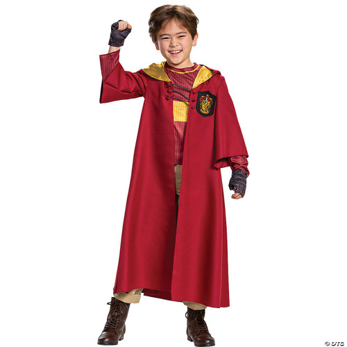 Disguise Quidditch Gryffindor Deluxe Costume -Child, child wearing a detailed red and gold Gryffindor Quidditch robe with crest, gold accents, and matching accessories for a Harry Potter-themed dress-up.