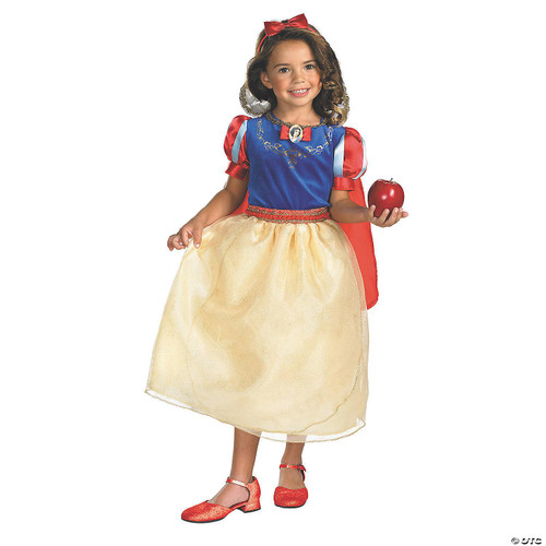 Disguise Snow White Deluxe Costume-Child, young girl dressed as Snow White holding a red apple, wearing a blue, yellow, and red princess dress with a matching headband.