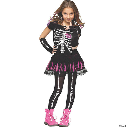 Fun World Sally Skelly Girl's Costume, a girl wearing a skeleton-themed costume with black and pink accents, pink boots, and spooky skeleton tights.
