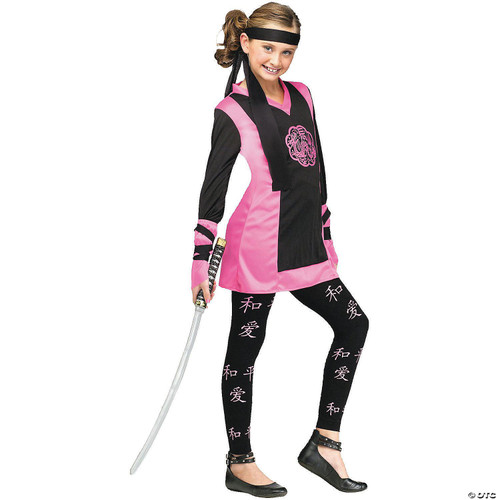 Fun World Dragon Ninja Girl Costume, girl in pink and black ninja costume holding a katana sword.