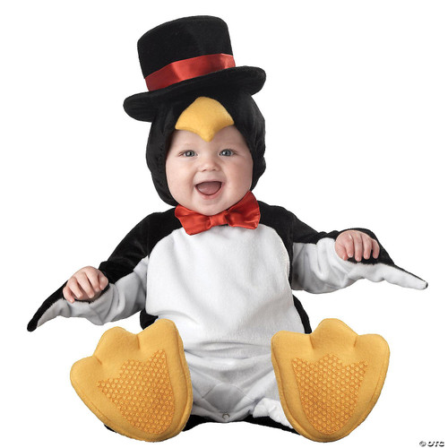 Incharacter Lil Penguin Toddler Costume, baby dressed in adorable penguin costume with a hat featuring a penguin face and a red bow tie, sitting on a white background.