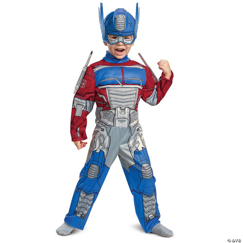 Disguise Transformers Optimus Prime Muscle Toddler Costume, a child's superhero costume featuring a detailed robot design, vibrant red, blue, and gray colors, complete with a helmet and muscle padding, designed for young kids.