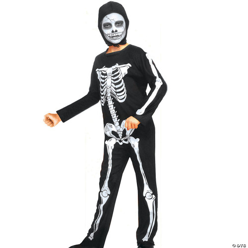Rubies Skeleton Child Costume, child wearing a black skeleton-themed costume with printed bones and skull face makeup, perfect for Halloween or costume parties.