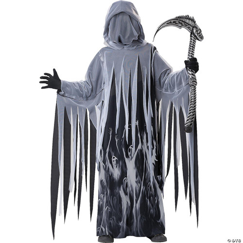 California Costumes Soul Taker Costume Child, spooky ghostly robe with jagged black and white design and a skull motif, complete with a large gray hood and swingable black gloves, perfect for Halloween or costume parties.